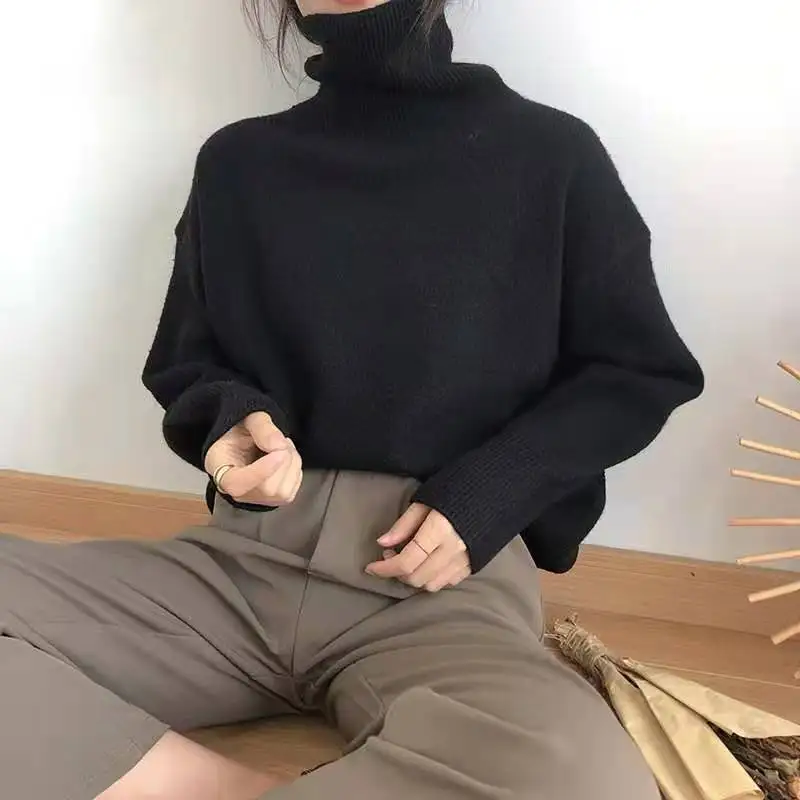 Черная водолазка Осень-зима 2022 длинные свитера для женщин Модный черный