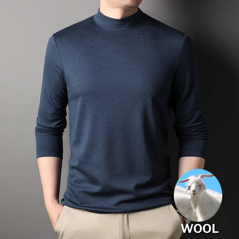 

5% Wool 67.1% Modal Soft Warm Knit Mens T Shirt Long Sleeve Basic Mock Turtleneck Slim Fit Undershirt Pullover Thermal Solid Top