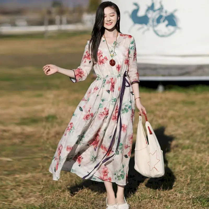 Fonekie Retro Literary V-neck Cotton Linen Printed Dress Female 2021 Summer Oversized Loose Casual Lace-up Waist Long Skirts
Fonekie Retro Literary V-neck Cotton Linen Printed Dress Female 2021 Summer Oversized Loose Casual Lace-up Waist Long Skirts