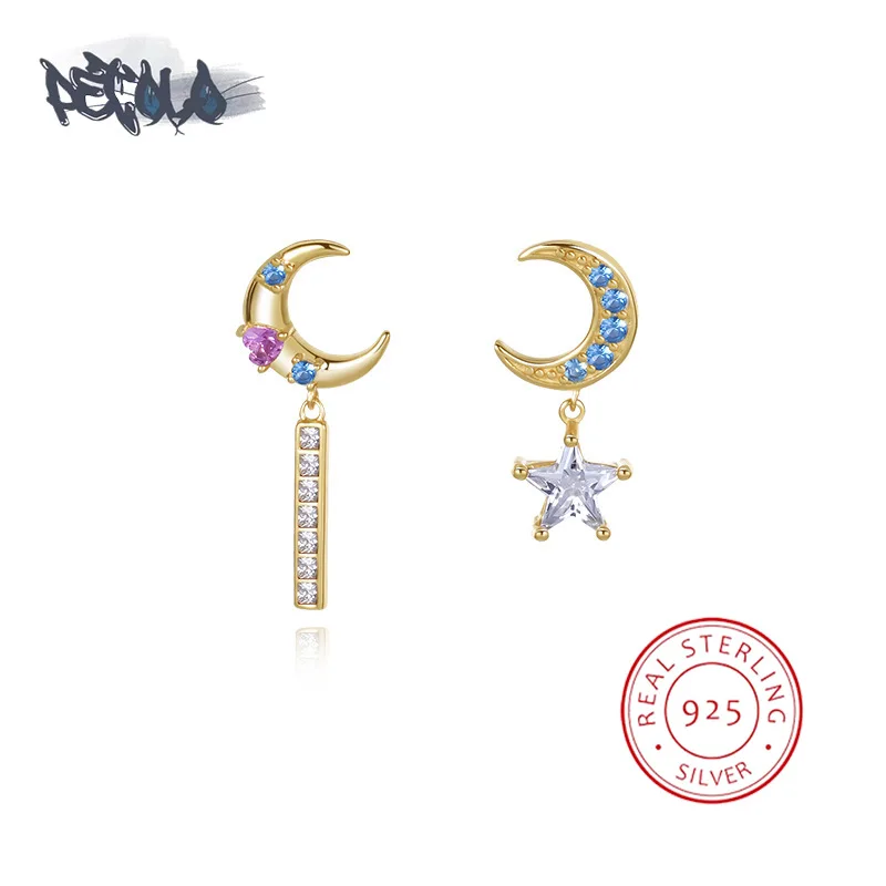 

Женские серьги из серебра S925 пробы, креативные Асимметричные женские серьги со звездой и луной, Модные Цветные циркониевые золотые серьги