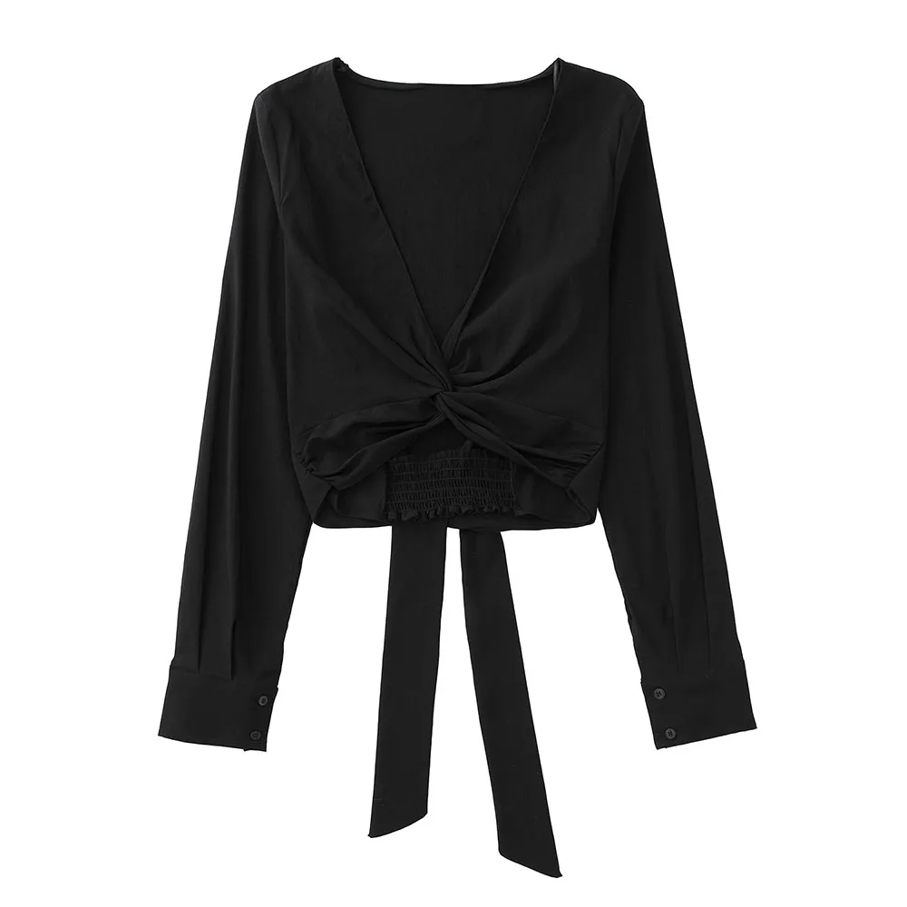 Женский укороченный топ с V-образным вырезом и длинными рукавами 
Женский укороченный топ с V-образным вырезом и длинными рукавами