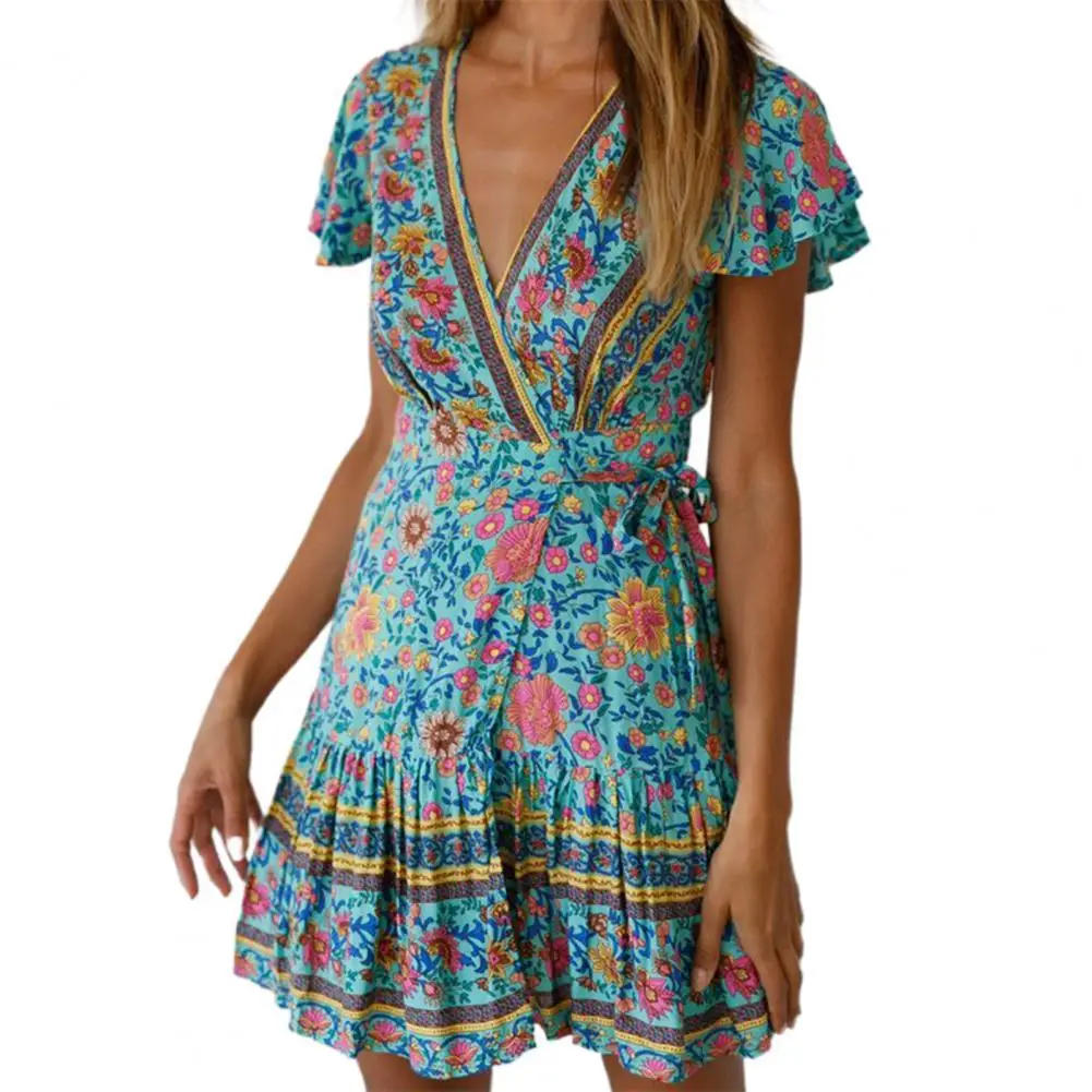 Boho Women's Summer Beach Mini Dress V-neck Belt Flowy Ruffle Hem Bohemian Floral Print Short Sleeve Women Dress Ladies Clothing
Boho Women's Summer Beach Mini Dress V-neck Belt Flowy Ruffle Hem Bohemian Floral Print Short Sleeve Women Dress Ladies Clothing