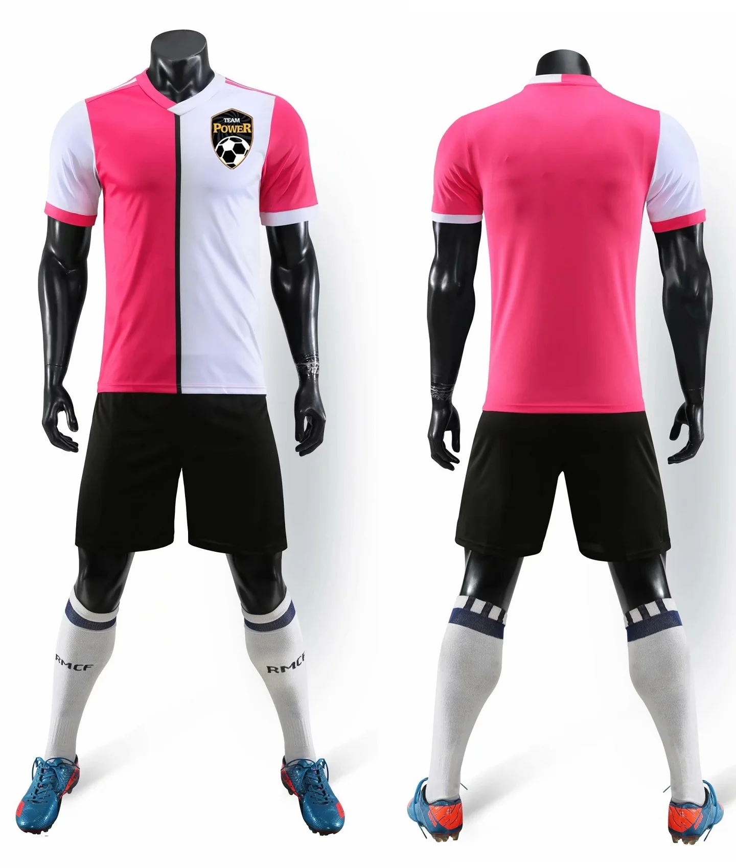 New man soccer uniform pink and white soccer jersey black football shorts C005 
New man soccer uniform pink and white soccer jersey black football shorts C005