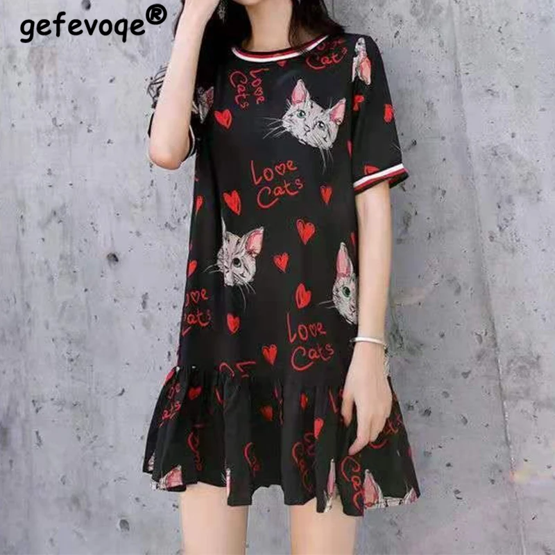 Basic&Casual Cat Printed Summer Dresses Woman 2022 O-neck Short Sleeve Female Clothing Vacation Loose Pleated Vintage Midi Dress
Basic&Casual Cat Printed Summer Dresses Woman 2022 O-neck Short Sleeve Female Clothing Vacation Loose Pleated Vintage Midi Dress