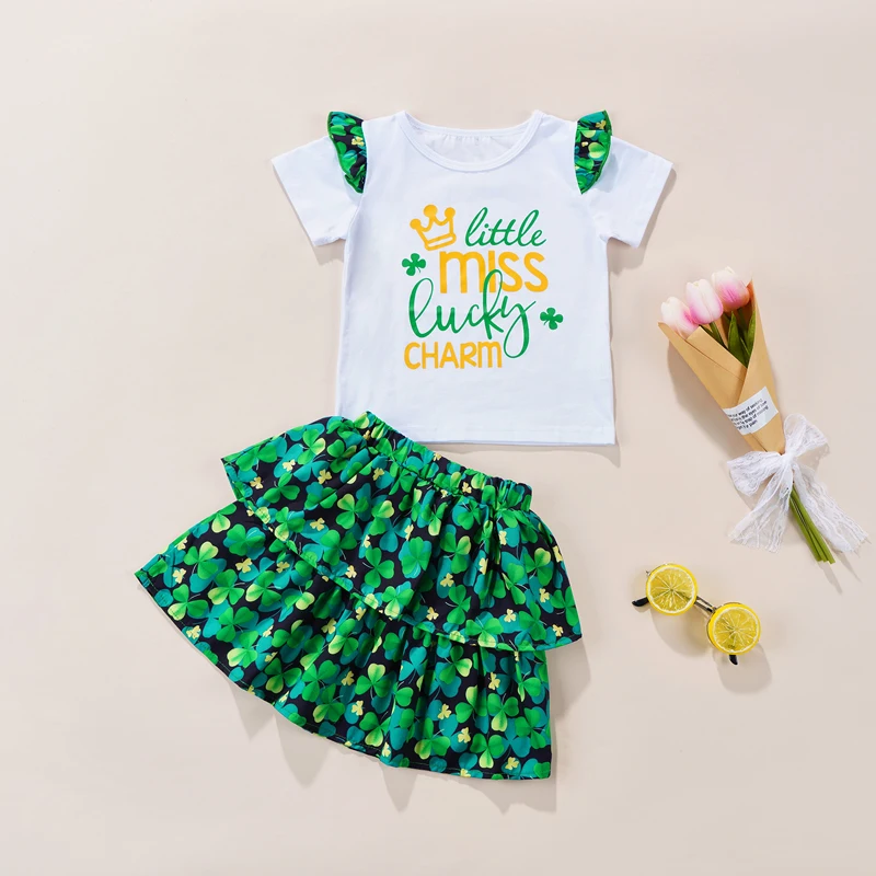 Toddlers Girls Two-Piece Outfits, Letter Print Short Sleeve Ruffles T-Shirt + Elastic Waist Clover Print Layered Skirt
Toddlers Girls Two-Piece Outfits, Letter Print Short Sleeve Ruffles T-Shirt + Elastic Waist Clover Print Layered Skirt