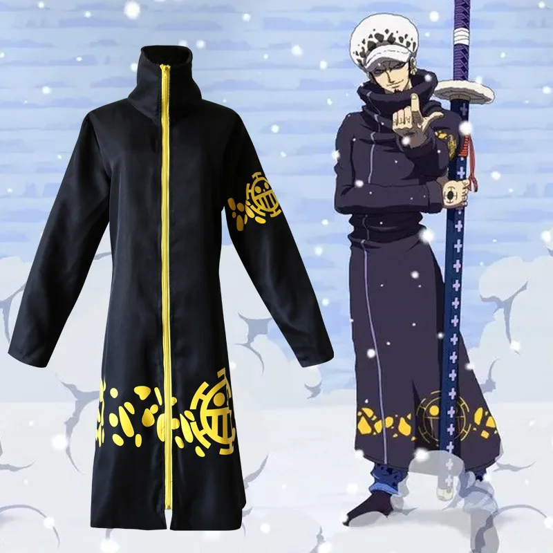 

Anime Cosplay Trafalgar D Water Law Two Years Later Cloak Cape Costume Black Coat Blue White Pants Suits Trousers and White Hat