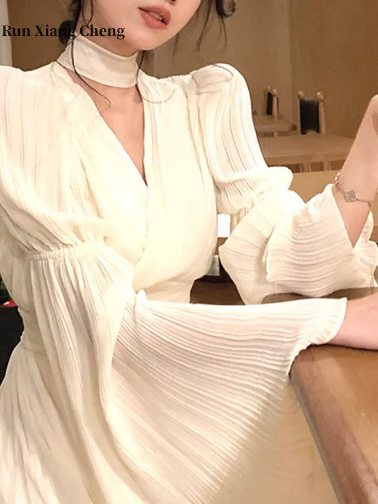 

Женское винтажное платье с V-образным вырезом, Элегантное Длинное белое платье во французском стиле с длинным рукавом, весна-лето 2023