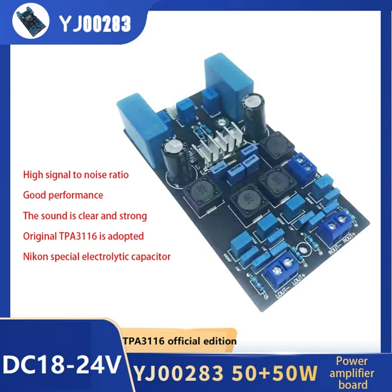 YJ00283 Electrolytic Capacitor Signal Amplifier Board TPA3116 50Wx50w 2.0 Stereo Audio Amplifier Board DC18-24V
YJ00283 Electrolytic Capacitor Signal Amplifier Board TPA3116 50Wx50w 2.0 Stereo Audio Amplifier Board DC18-24V