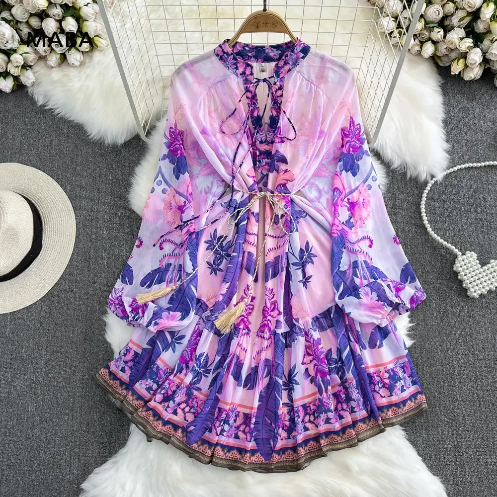 

Женское винтажное шифоновое платье, Осеннее фиолетовое мини-платье с цветочным принтом, со стоячим воротником и пышными рукавами, элегантное свободное роскошное платье со шнуровкой