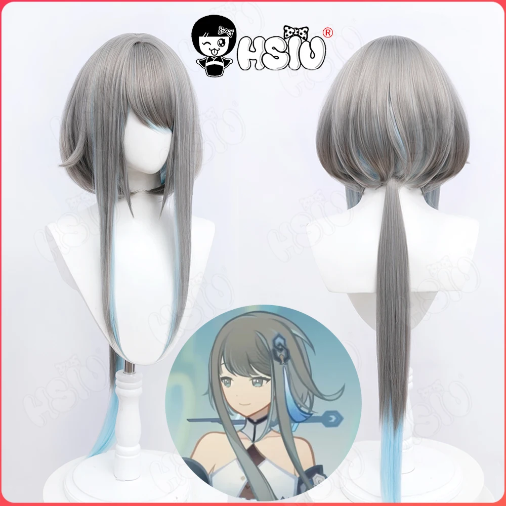 

Парик для косплея Guizhong Game Genshin Impact Cosplay HSIU 90 см, цвет серый градиент, голубой хвост, длинные волосы, синтетический парик + шапочка
