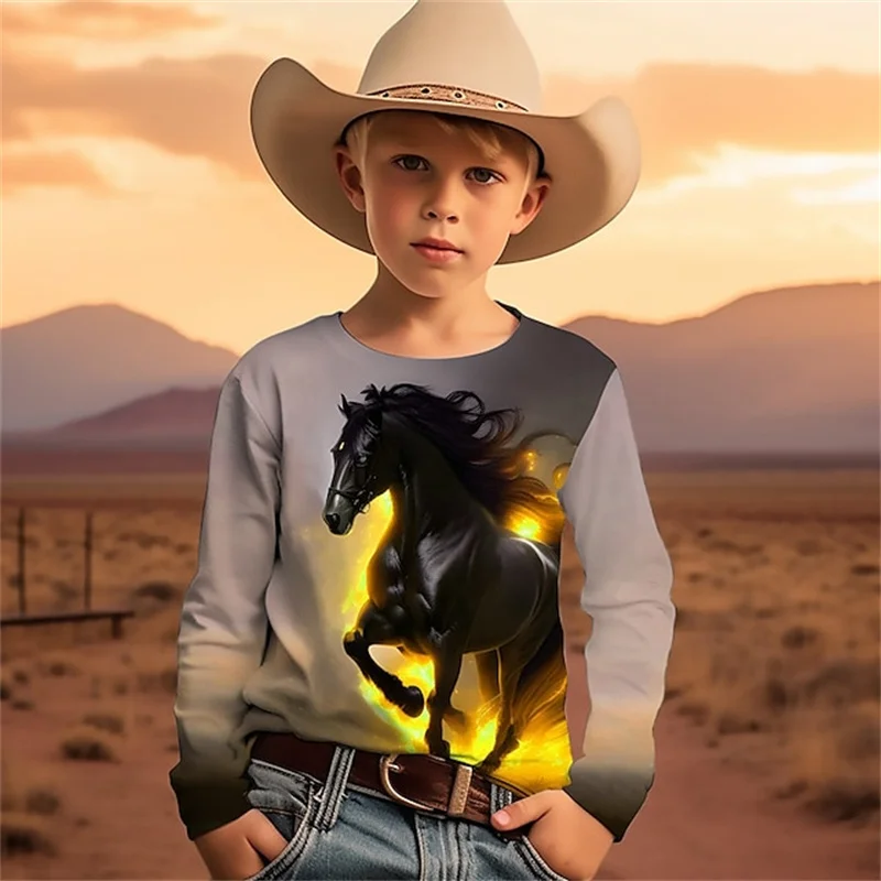 

Boys' new running flame horse printed long sleeved top for 4-12 year old teenagers cool T-shirt outdoor trendy children's wear
