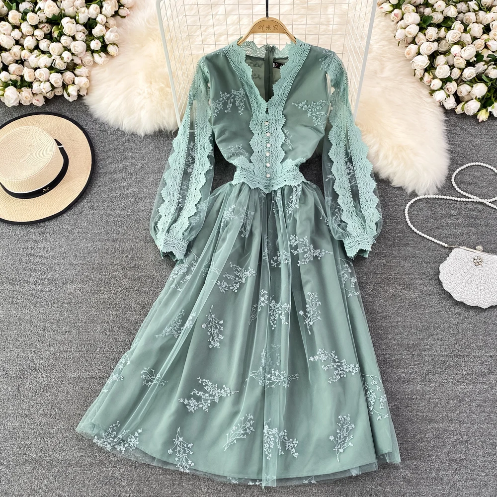 YIZZHOY Spring Autumn New Women V-Neck Lantern Long Sleeve A-Line Dress Fashion Casual Single Breasted Mesh Chic Dresses
YIZZHOY Spring Autumn New Women V-Neck Lantern Long Sleeve A-Line Dress Fashion Casual Single Breasted Mesh Chic Dresses