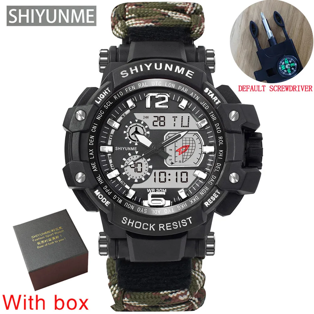 SHIYUNME Mens Military Sports Watch Tactical Paracord Watch Compass Thermometer G Style Waterproof Men's Watch relógio masculino
SHIYUNME Mens Military Sports Watch Tactical Paracord Watch Compass Thermometer G Style Waterproof Men's Watch relógio masculino