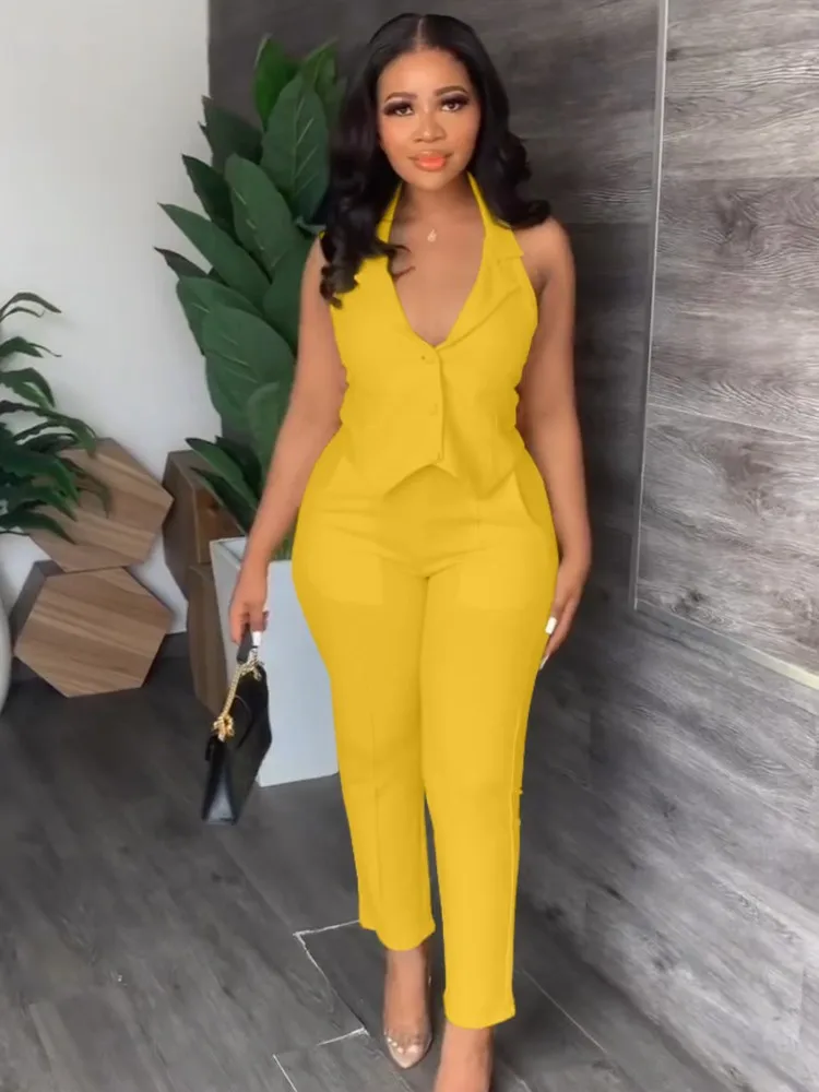 Spring Summer New For Women's Solid Color Suit Backless Sleeveless Fashion Slim Pencil Pants Elegant Female Office 2 Piece Set 
Spring Summer New For Women's Solid Color Suit Backless Sleeveless Fashion Slim Pencil Pants Elegant Female Office 2 Piece Set