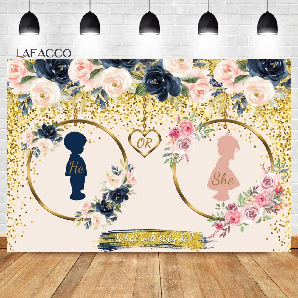 

Laeacco He Or She Gender Reveal Backdrop Gold Glitters Watercolor Floral Baby Shower Portrait Customized Photography Background