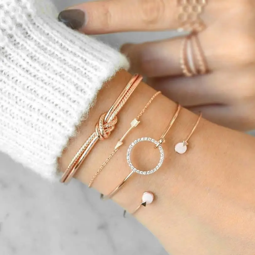 

Fashion Arrow Open Bangle For Women Rhinestones Geometric Round Knot Cuff Bracelets Female Trendy Jewelry Gift