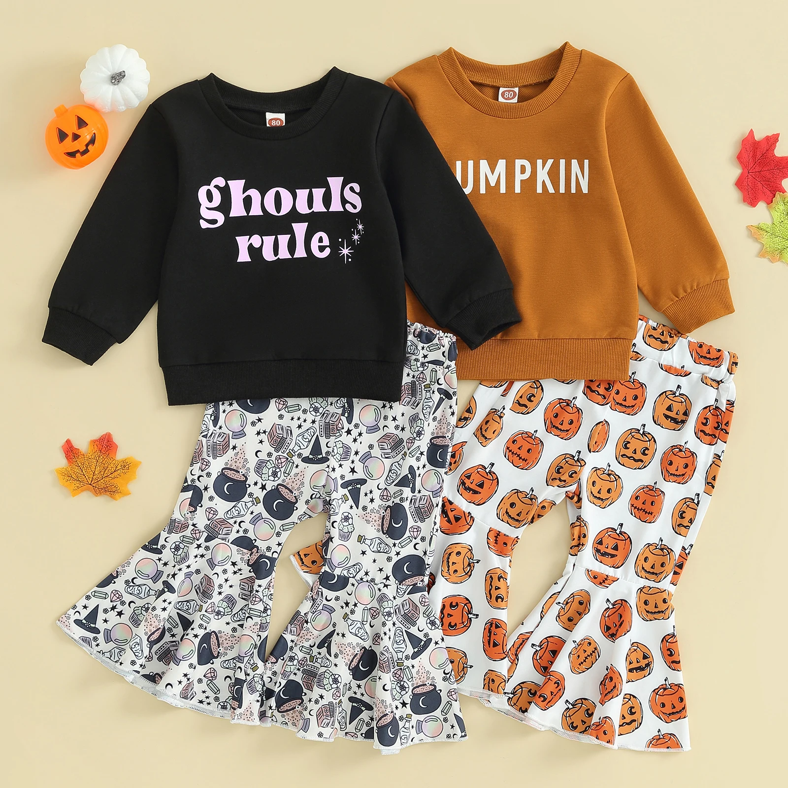 Girls Halloween Pants Sets Long Sleeve Letter Print Tops Witch Hat/Pumpkin Print Flared Pants Sets
Girls Halloween Pants Sets Long Sleeve Letter Print Tops Witch Hat/Pumpkin Print Flared Pants Sets