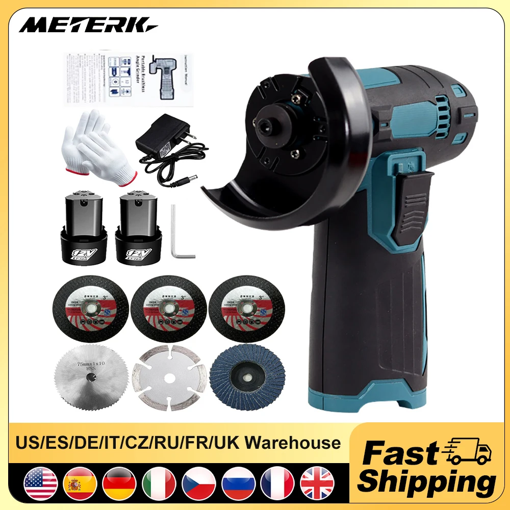 

12V Cordless Brush Angle Grinder Kit Ginding disc 3 Inch/76mm Lightweight Angle Grinder Tool w/2PCS 1300mAh Lithium-Ion Battery