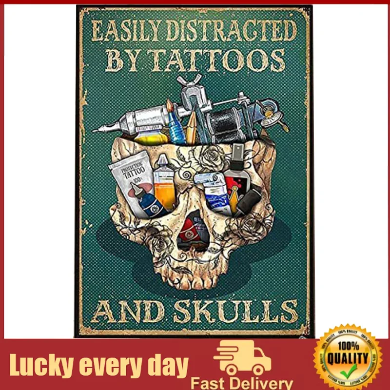 

Vintage Skull & Tattoo Poster Metal Sign Easily Distracted By Tattoos And Skulls Tin Signs Retro Plaque Wall Decor Gift For Home