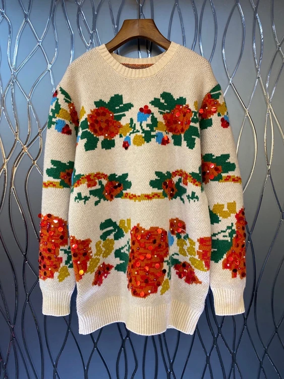 2022 new women fashion beaded flowers fashion mid-length loose sweater knit sweater 1223
2022 new women fashion beaded flowers fashion mid-length loose sweater knit sweater 1223