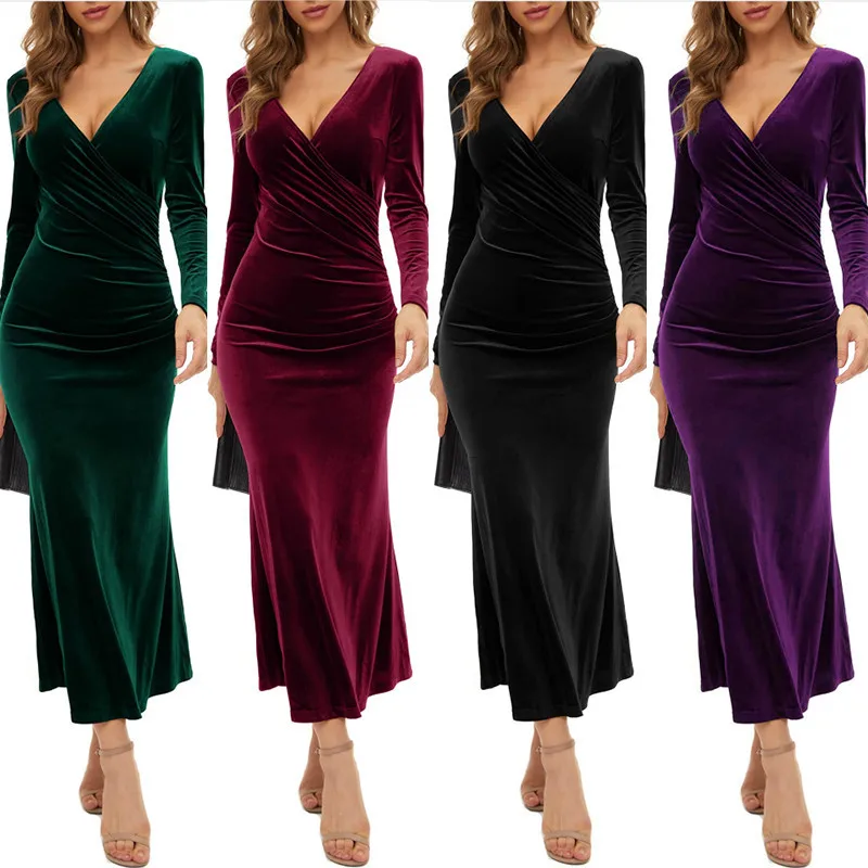 Velvet Wrap Buttocks Skirt Sexy V-neck Slim Fitting Elegant Cocktail Party Fishtail Dress Evening Long Sleeves Office Lady Dress 
Velvet Wrap Buttocks Skirt Sexy V-neck Slim Fitting Elegant Cocktail Party Fishtail Dress Evening Long Sleeves Office Lady Dress