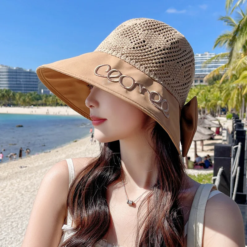 

Шляпа Женская Солнцезащитная сетчатая, универсальная Панама от солнца в Корейском стиле, с вышитыми буквами и бантом, воздухопроницаемая, для весны и осени