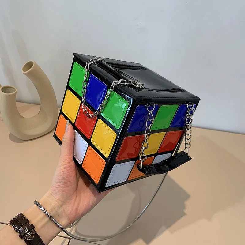 

Rubik's Cube Handbag Metal Chain Leather Hand-held Crossbody Bag Fashion Color Contrast Creative Shoulder Bag Niche Personality