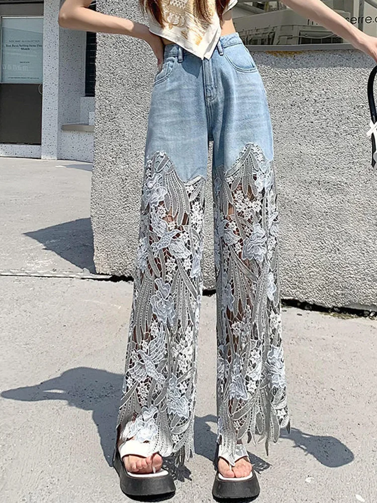 Hollow Lace Splicing Jeans Female Fashion Street Clothes High Waist Wide Leg Pants Female Casual Pants 2023 Summer New
Hollow Lace Splicing Jeans Female Fashion Street Clothes High Waist Wide Leg Pants Female Casual Pants 2023 Summer New