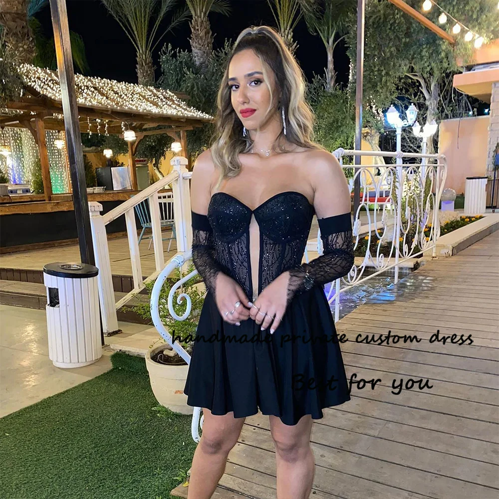 Black Sequins Beads Short Cocktail Party Dresses Illusion Corset Sweetheart Mini Prom Party Dress Night Club Wear 3/4 Sleeve
Black Sequins Beads Short Cocktail Party Dresses Illusion Corset Sweetheart Mini Prom Party Dress Night Club Wear 3/4 Sleeve