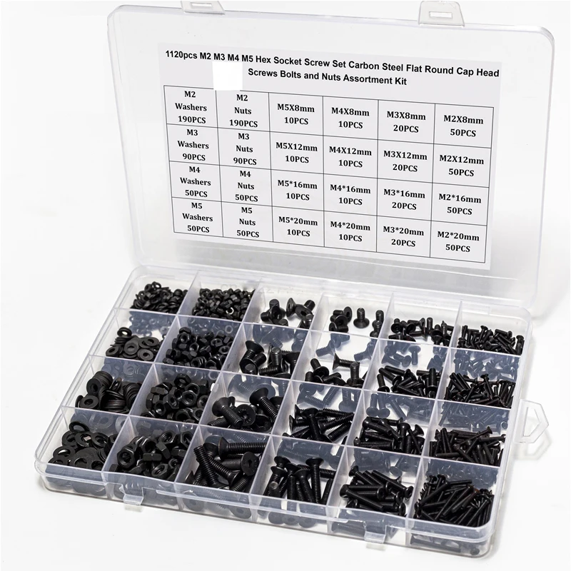 1120pcs M2 M3 M4 M5 Hex Socket Screw Set Carbon Steel Flat Round Cap Head Screws Bolts and Nuts Assortment Kit with Storage Box
1120pcs M2 M3 M4 M5 Hex Socket Screw Set Carbon Steel Flat Round Cap Head Screws Bolts and Nuts Assortment Kit with Storage Box