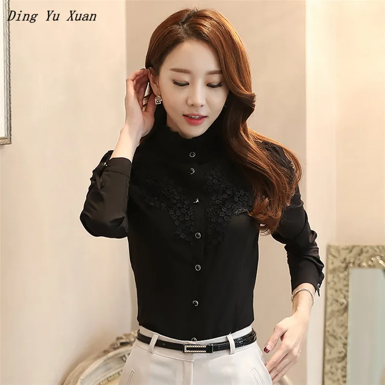 Korean Fashion Ladies Black White Office Shirts Womens Stand Collar Long-sleeve Tops Blouses Elegant Lace Women Work Suit Shirt
Korean Fashion Ladies Black White Office Shirts Womens Stand Collar Long-sleeve Tops Blouses Elegant Lace Women Work Suit Shirt