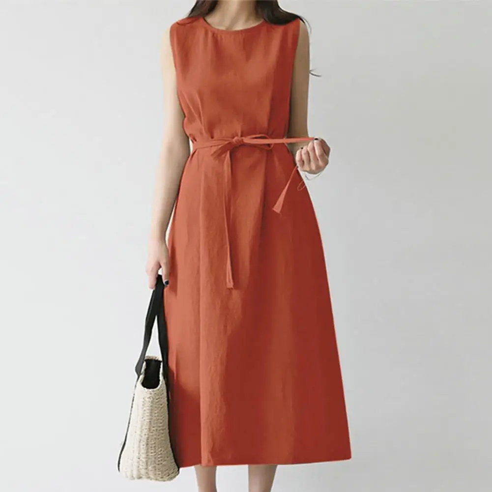 Women Summer Dress Round Neck A-line Tight Waist With Belt Sleeveless Lady Summer Dress Women Mid Dress Women Garment
Women Summer Dress Round Neck A-line Tight Waist With Belt Sleeveless Lady Summer Dress Women Mid Dress Women Garment