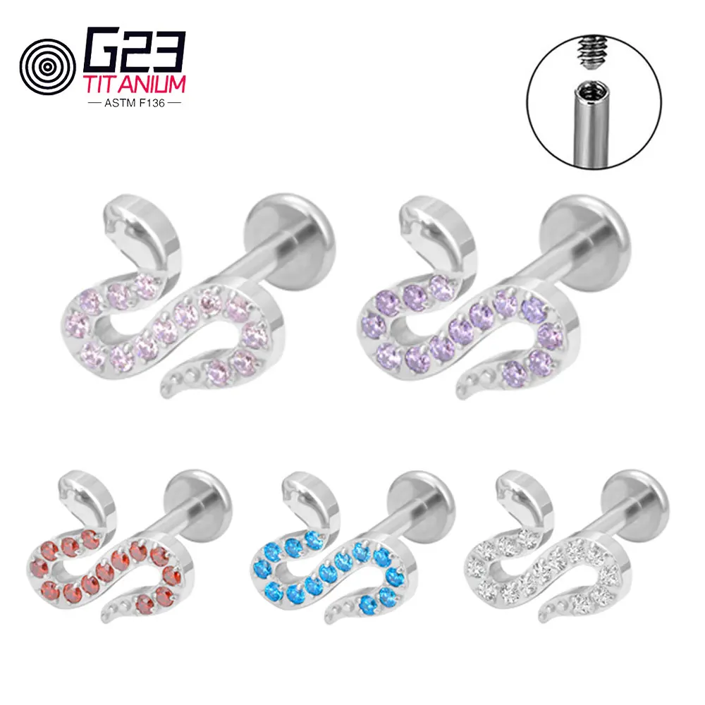 

ASTM F136 Titanium 16G Snake Cubic Zirconia Nose Labret Stud Earring Tragus Conch Helix Cartilage Lobe Ear Piercing Body Jewelry