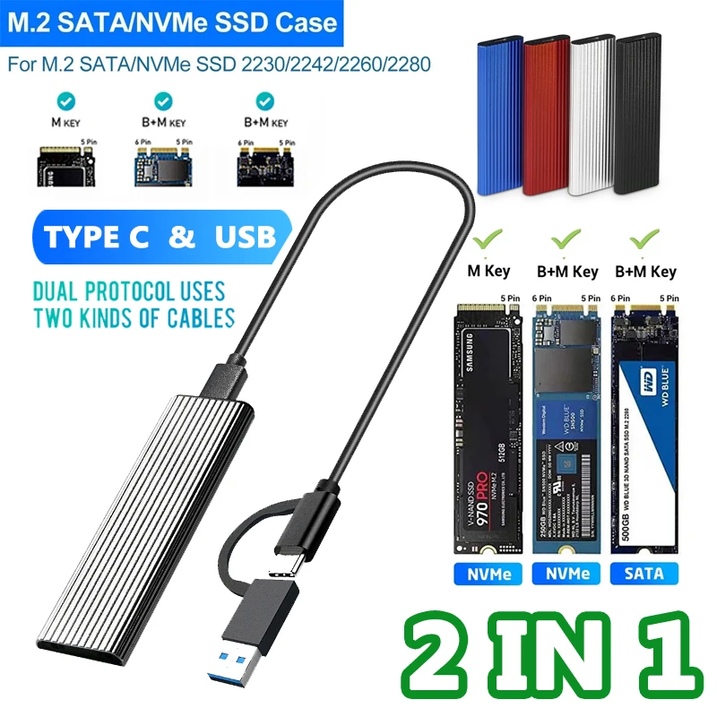 

2 IN 1 Type C USB 3.1 M2 SSD Case M.2 Gen2 SSD Adapter 10Gbps For NGFF NVME PCIE SATA Key 2230/2242/2260/2280 HDD &SSD Enclosure