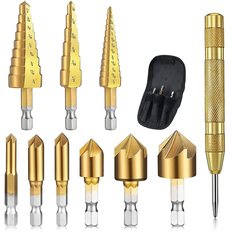 10Pcs Step Drill Bit Set 1/4 Inch Hex Shank 5 Flute Countersink Drill Bit Set With 5 Inch Automatic Spring Center Punch
10Pcs Step Drill Bit Set 1/4 Inch Hex Shank 5 Flute Countersink Drill Bit Set With 5 Inch Automatic Spring Center Punch