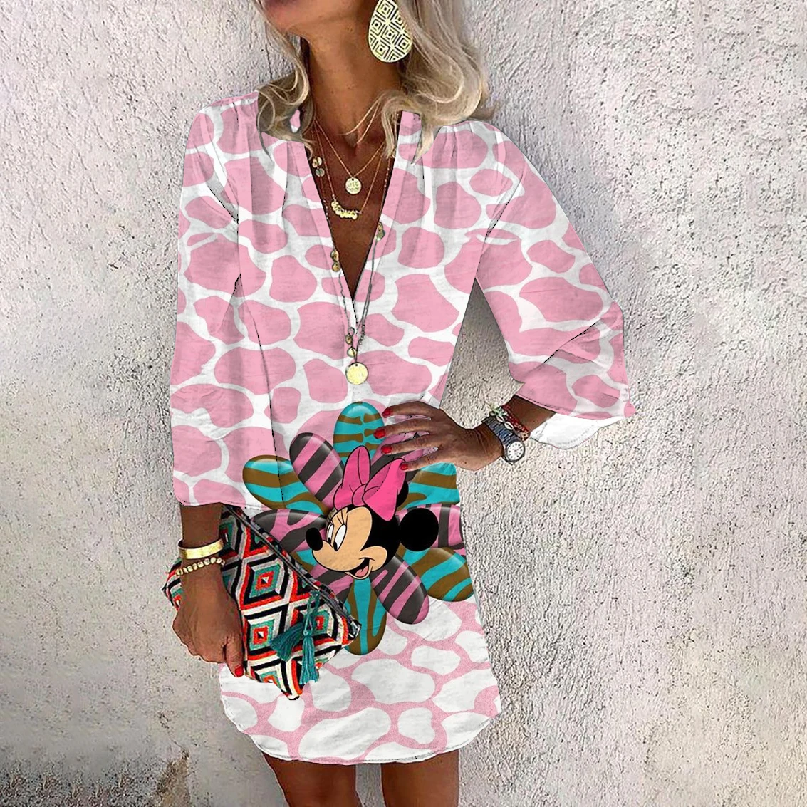Disney Cartoon Print Dress V Neck Half Sleeve Elegant Sun Dress Fashion Fall Women Knee Length Dress Lazy Ladies Vestidos
Disney Cartoon Print Dress V Neck Half Sleeve Elegant Sun Dress Fashion Fall Women Knee Length Dress Lazy Ladies Vestidos