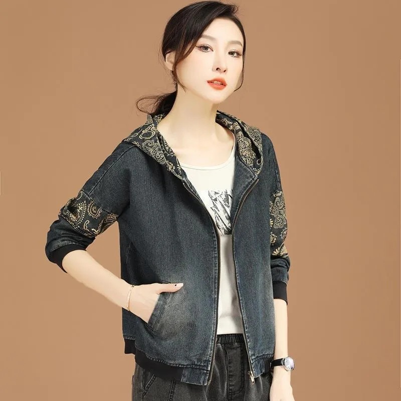 Hooded Denim Jacket Women's Retro Printing Casual Spring and Autumn Korean 2023 New Loose Jacket Zipper Baseball Uniform
Hooded Denim Jacket Women's Retro Printing Casual Spring and Autumn Korean 2023 New Loose Jacket Zipper Baseball Uniform
