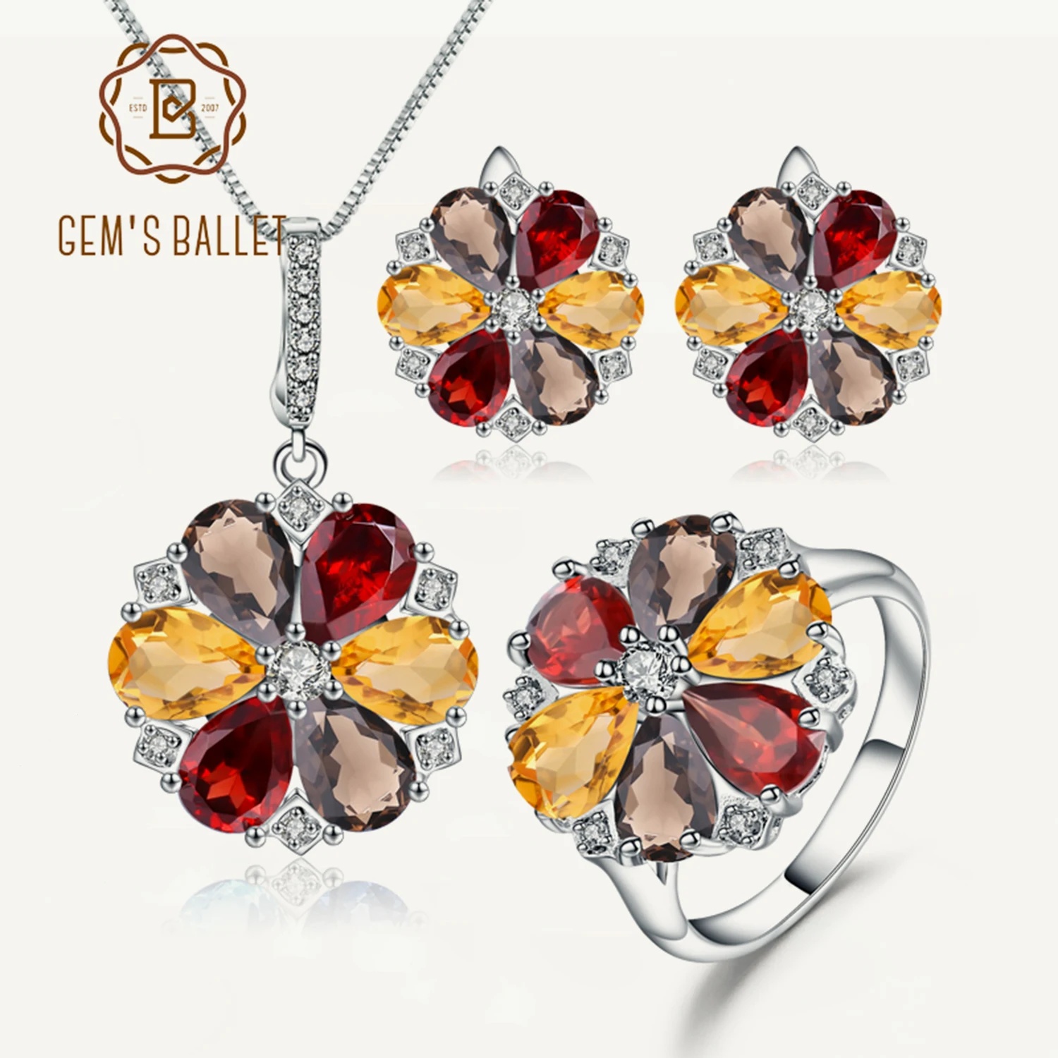 GEM'S BALLET 925 Sterling Silver Ring Earrings Pendant Set Natural Garnet Smoky Quartz Citrine Jewelry Set For Women Wedding
GEM'S BALLET 925 Sterling Silver Ring Earrings Pendant Set Natural Garnet Smoky Quartz Citrine Jewelry Set For Women Wedding