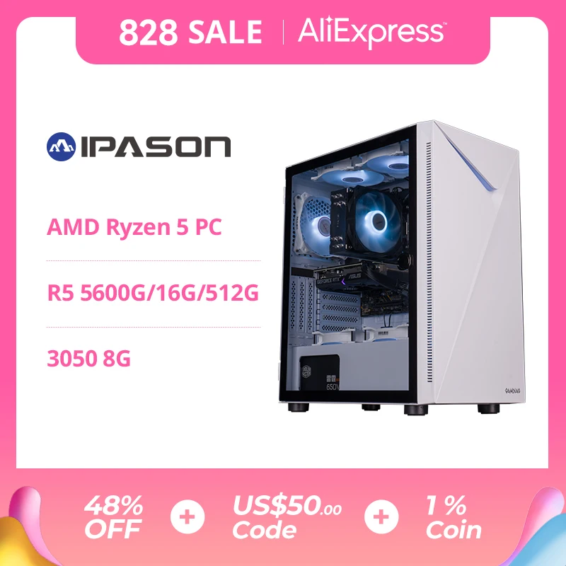 

IPASON V5 Gaming PC Desktop AMD R5 5600 6core 12Thread Up to 4.4GHz 16G DDR4 RAM 500G M.2 SSD GTX1650/RTX2060S/RTX3050 WIN10