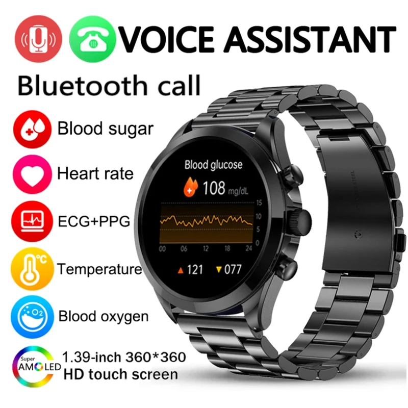 

2023 Intelligent Voice Assistant Bluetooth Call Smartwatch Fitness Tracker Glucose Meter Thermometer Watch ECG+PPG Blood Glucose