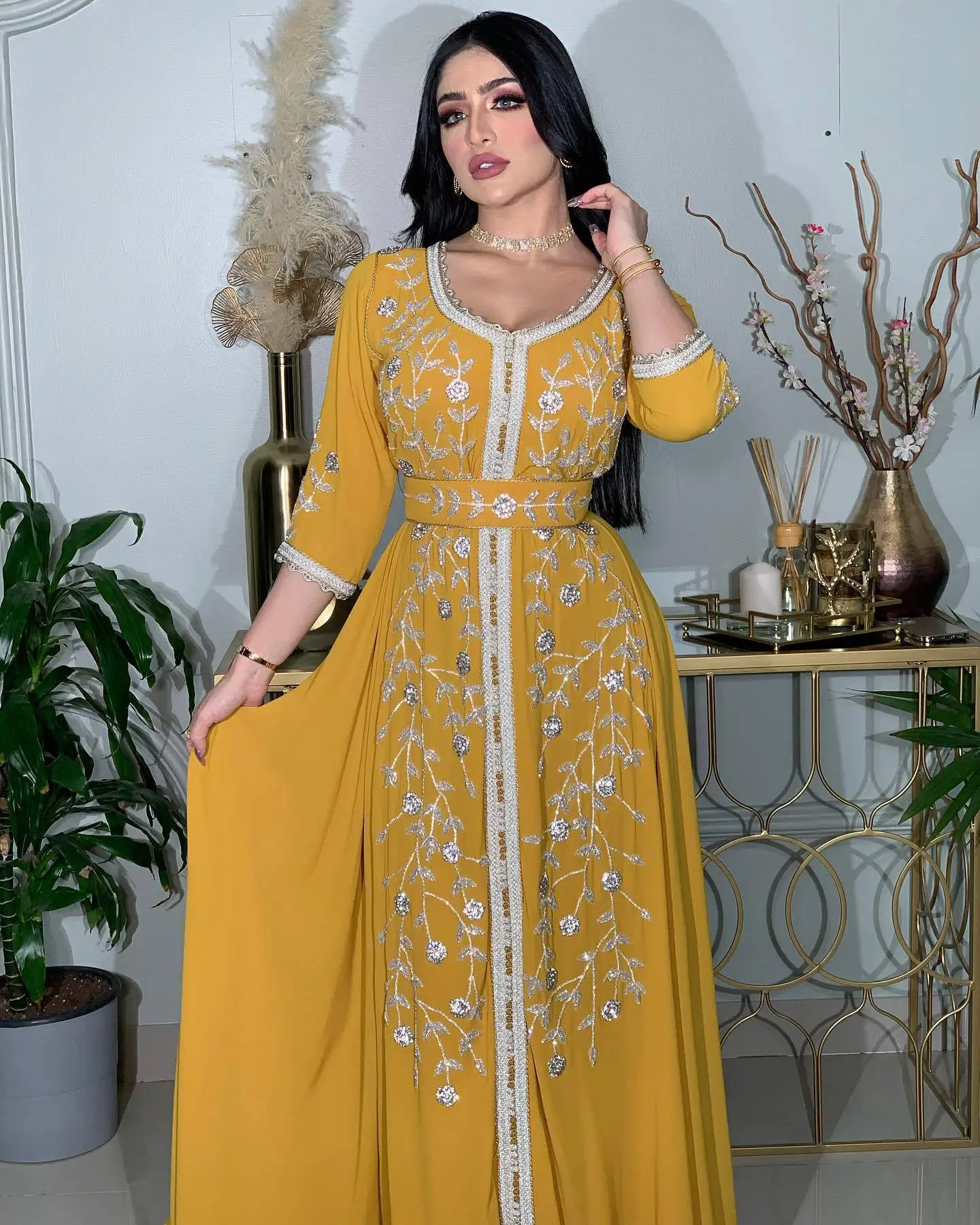 

Diamond Beading Ramadan Eid Muslim Dress Women Belted Long Abayas Robes Fancy Maxi Dress French Stylish Modesty Islamic Dress
