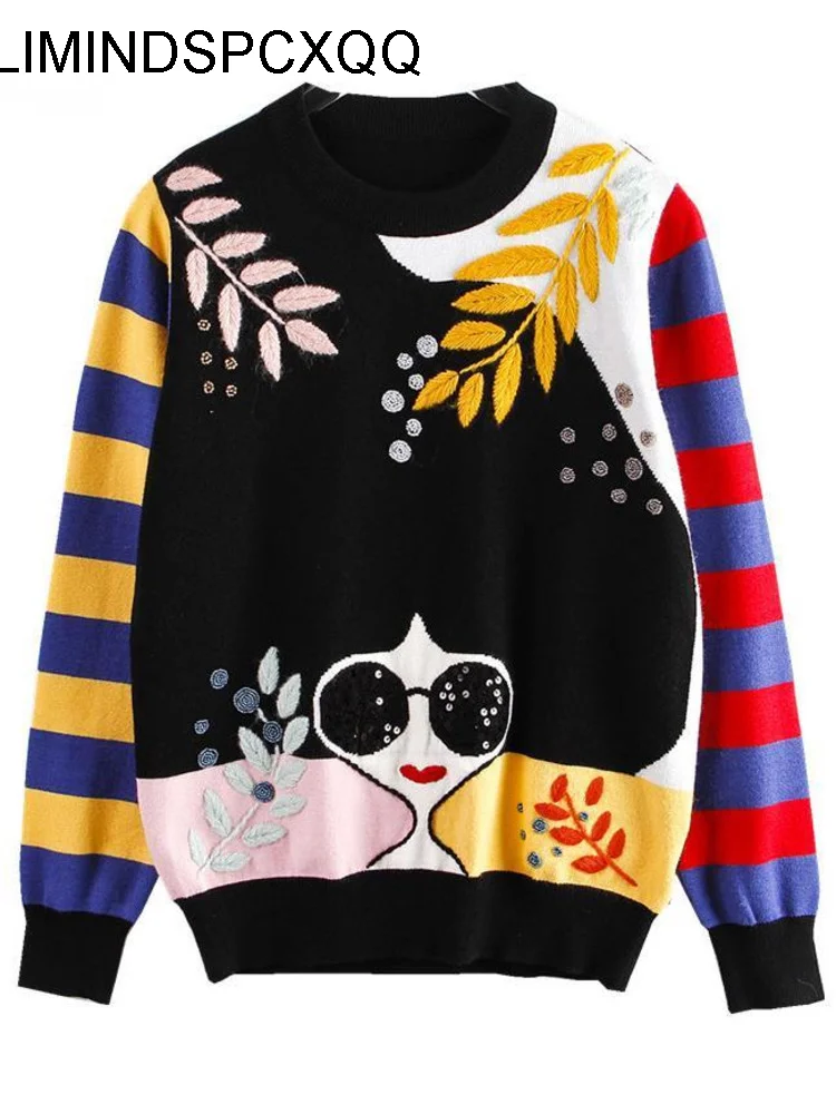 Winter 2022 Contrast Striped Sleeve Embroidery Leaves Beaded Sequins Sunglasses Girls Knit Sweater Korean Fashion Style Autumn
Winter 2022 Contrast Striped Sleeve Embroidery Leaves Beaded Sequins Sunglasses Girls Knit Sweater Korean Fashion Style Autumn
