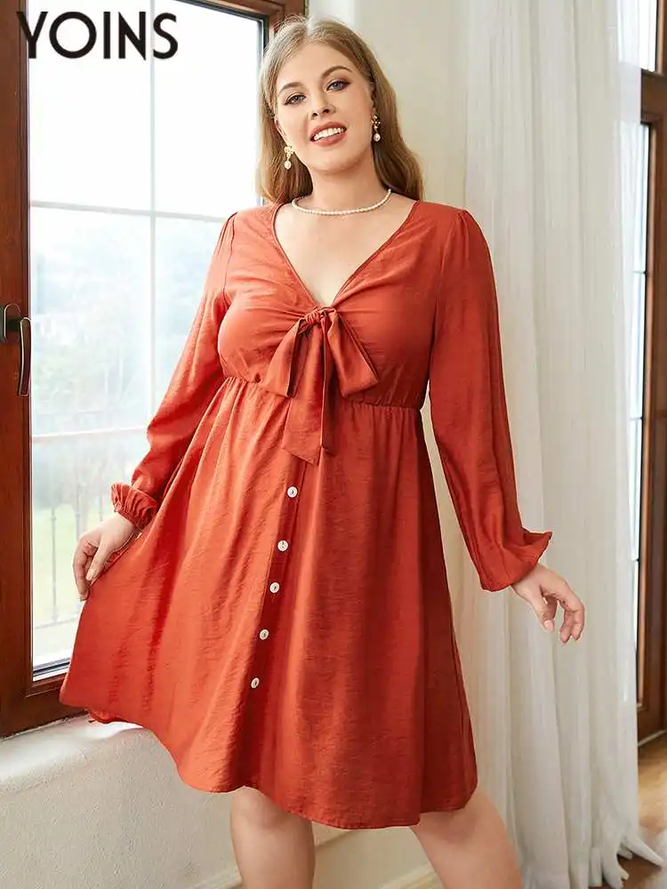 

YOINS Elegant Knotted Bow Party Dress 2023 Autumn Long Lantern Sleeve Plus Size Sundress Bohemian Sexy V Neck Evening Vestidos