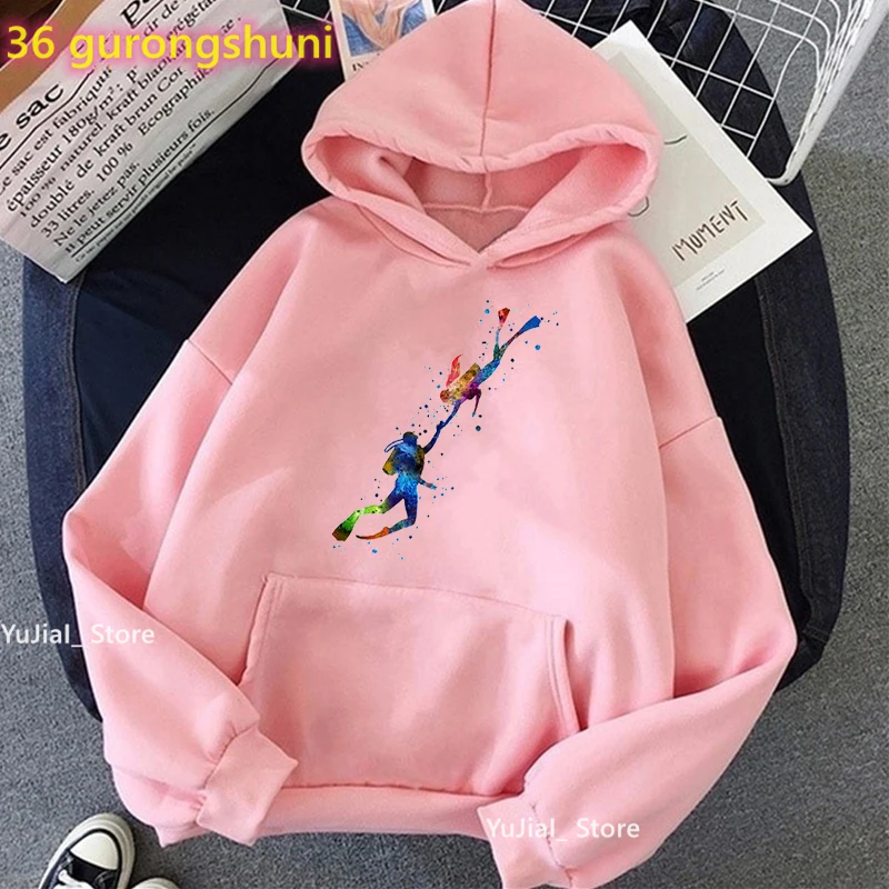 

New Arrival 2022 Watercolor Scuba Diving Lover Print Cap Hoodies Women Fashion Sport Art Sweatshirt Femme Pink/White/Gray Coat