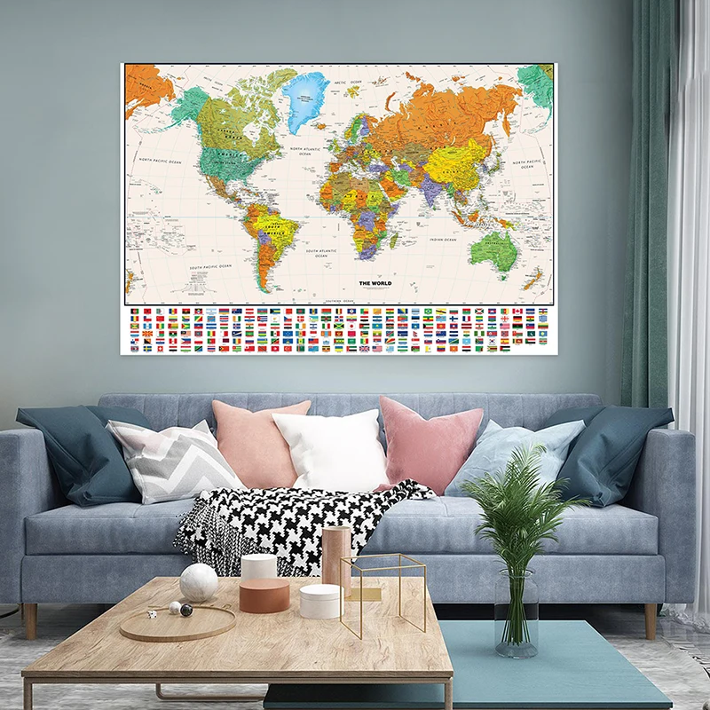 

100*70cm The World Map with National Flags Unframed Canvas Painting Wall Art Poster and Print School Classroom Supplies