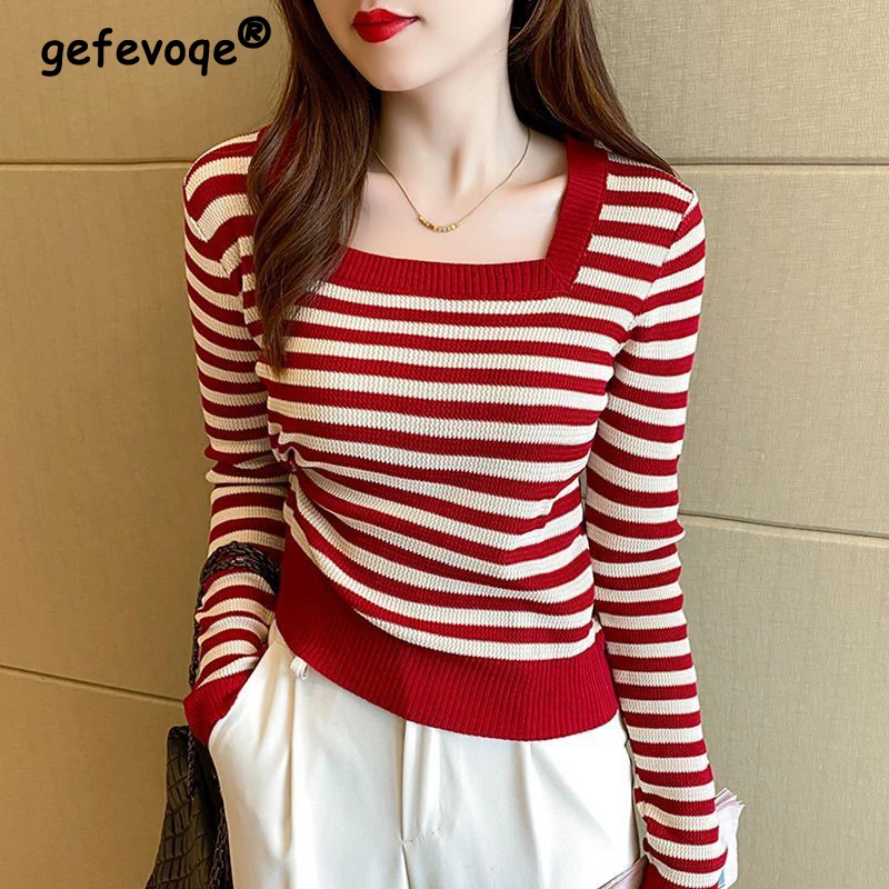 Female 2022 Autumn Stripe Slim Square Sollar T-shirt Korean Casual Fashion New Wild Office Lady Comfortable Long Sleeve Sweater
Female 2022 Autumn Stripe Slim Square Sollar T-shirt Korean Casual Fashion New Wild Office Lady Comfortable Long Sleeve Sweater