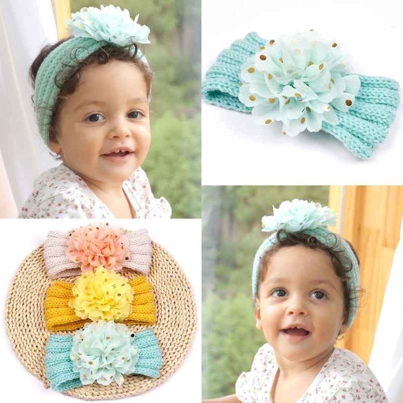 

H37A Baby Girls Headband Knitted Hair-Band Flowers Head-Wraps Soft Turban Headbands for Newborn Infant Girls and Toddlers