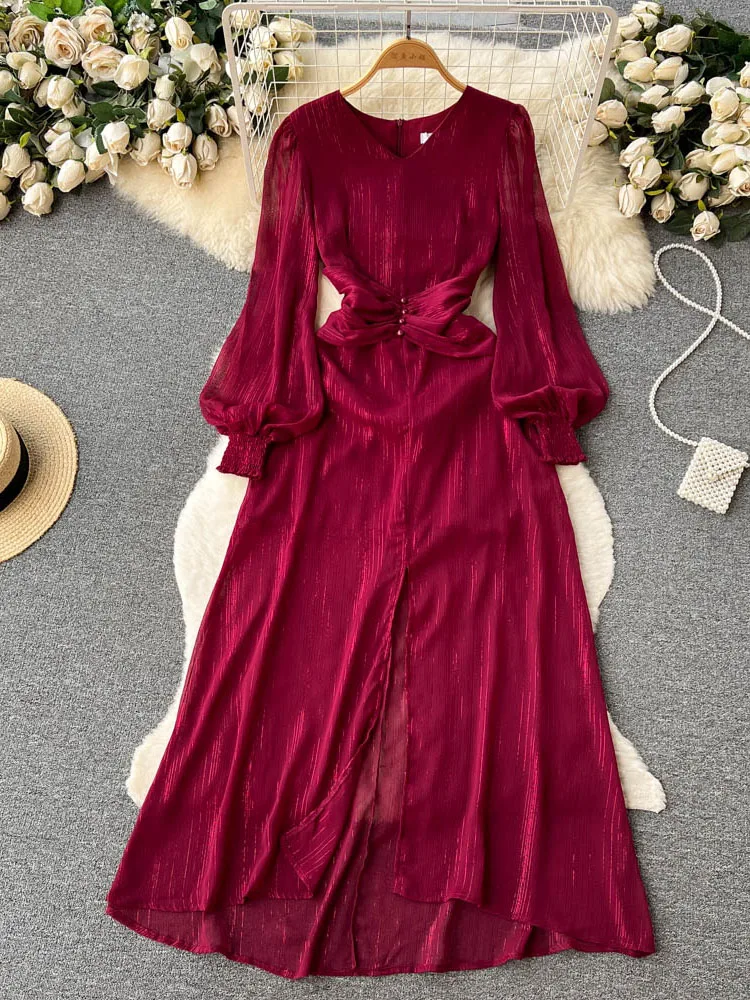 Women Spring Dress Chiffon Long Dress Bubble Sleeves V-Neck Temperament Slim Waist and Large Swing Over Knee A-line Dress D3313
Women Spring Dress Chiffon Long Dress Bubble Sleeves V-Neck Temperament Slim Waist and Large Swing Over Knee A-line Dress D3313