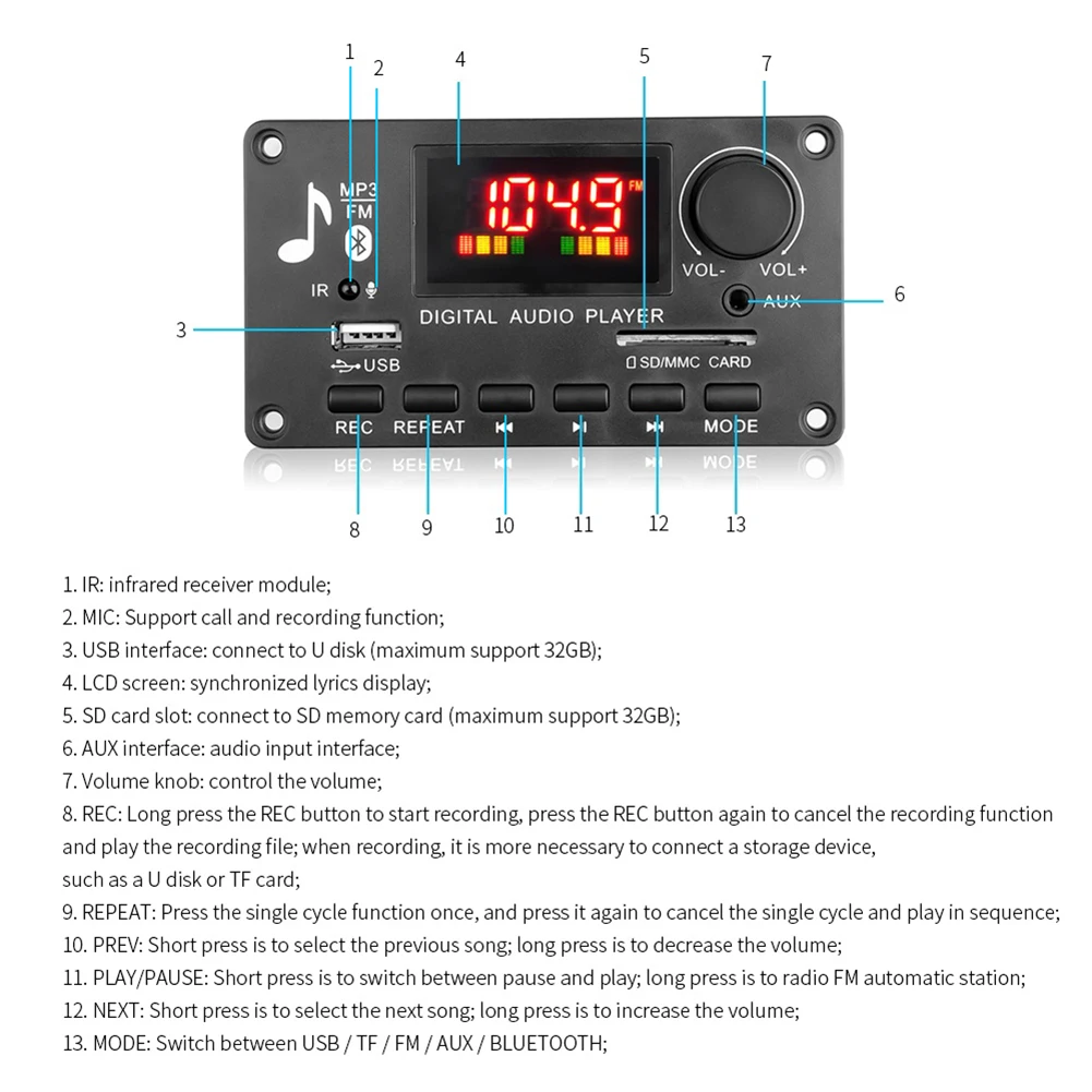 Amplifier Module 2x40w Mp3 Player Bluetooth 5.0 Decoder Board 5V-26V For Car Accessories High-quality Bluetooth Amplifier Board
Amplifier Module 2x40w Mp3 Player Bluetooth 5.0 Decoder Board 5V-26V For Car Accessories High-quality Bluetooth Amplifier Board