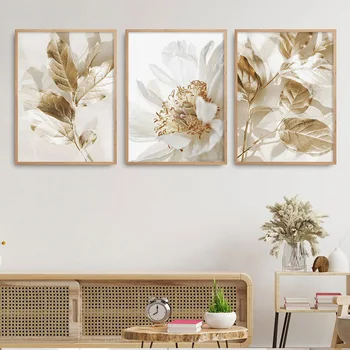 3PCS Frameless Nordic White Floral Golden Leaves Poster Wall Art Canvas Painting Prints Pictures Living Room Interior Home Decor